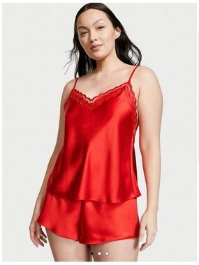 Victoria's Secret Satin Lipstick Red Lace Cami & Shorts Set